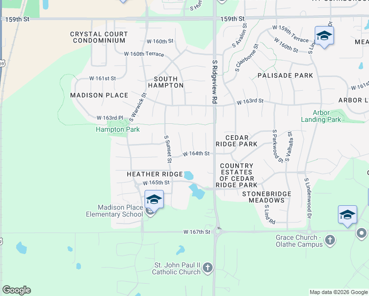 map of restaurants, bars, coffee shops, grocery stores, and more near 16393 South Church Street in Olathe