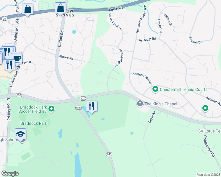 map of restaurants, bars, coffee shops, grocery stores, and more near 5597 Rockpointe Drive in Clifton