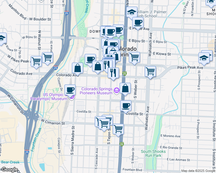 map of restaurants, bars, coffee shops, grocery stores, and more near 102 South Tejon Street in Colorado Springs