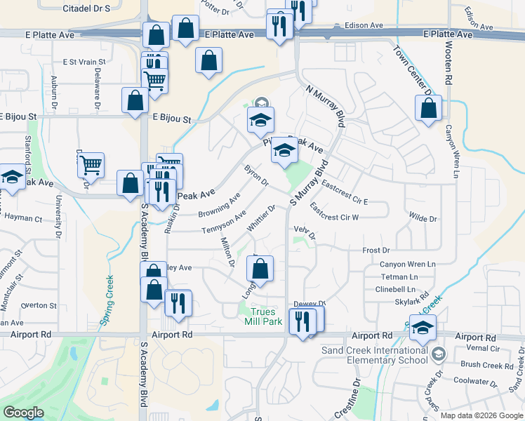 map of restaurants, bars, coffee shops, grocery stores, and more near 208 Byron Drive in Colorado Springs