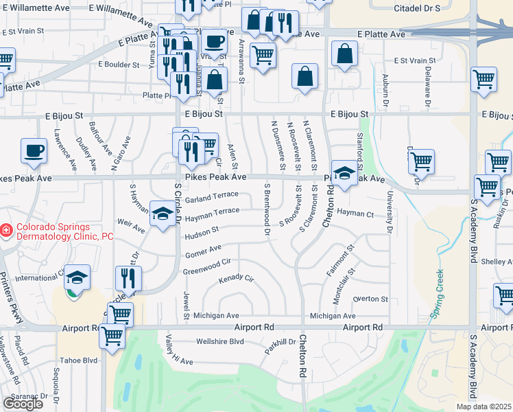 map of restaurants, bars, coffee shops, grocery stores, and more near 14 South Brentwood Drive in Colorado Springs