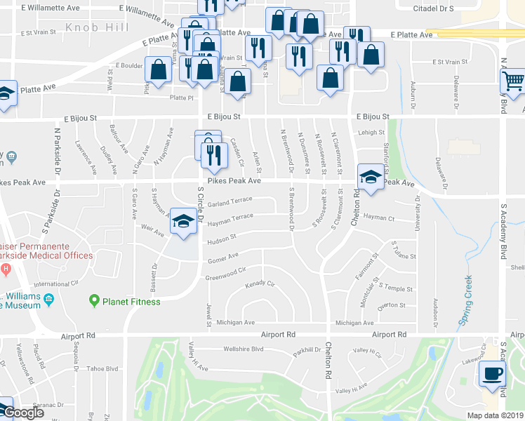 map of restaurants, bars, coffee shops, grocery stores, and more near 3008 Garland Terrace in Colorado Springs