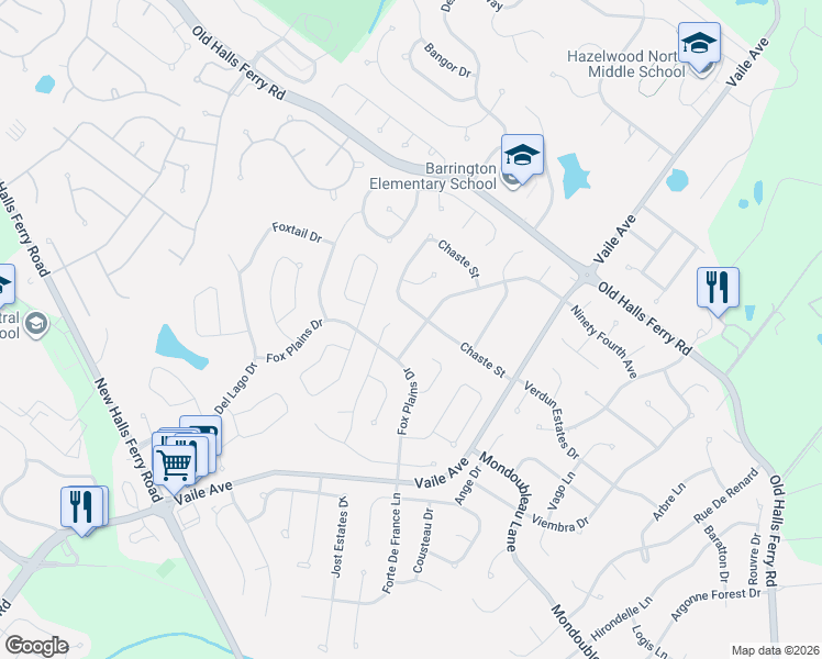 map of restaurants, bars, coffee shops, grocery stores, and more near 15617 Chaste Street in Florissant
