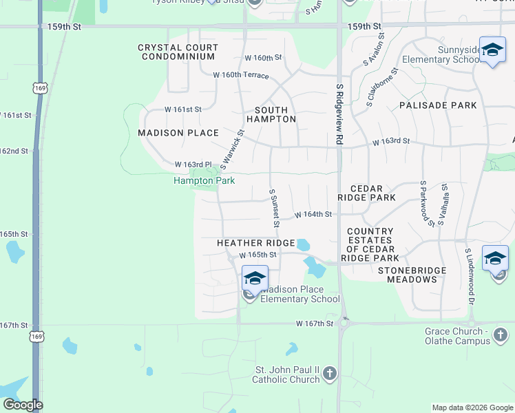 map of restaurants, bars, coffee shops, grocery stores, and more near 16396 South Blake Street in Olathe