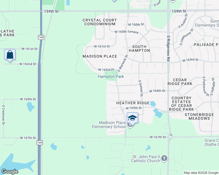 map of restaurants, bars, coffee shops, grocery stores, and more near 19030 West 163rd Terrace in Olathe