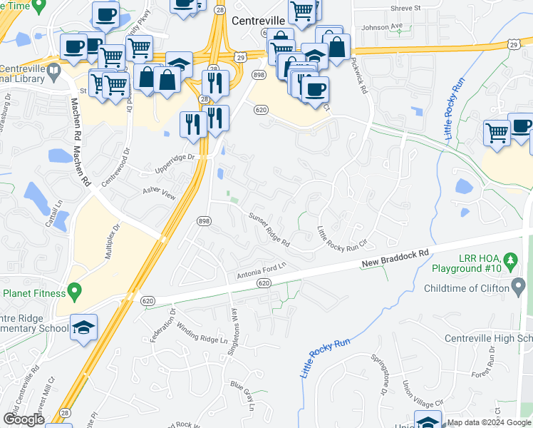 map of restaurants, bars, coffee shops, grocery stores, and more near 6009 Sunset Ridge Court in Centreville