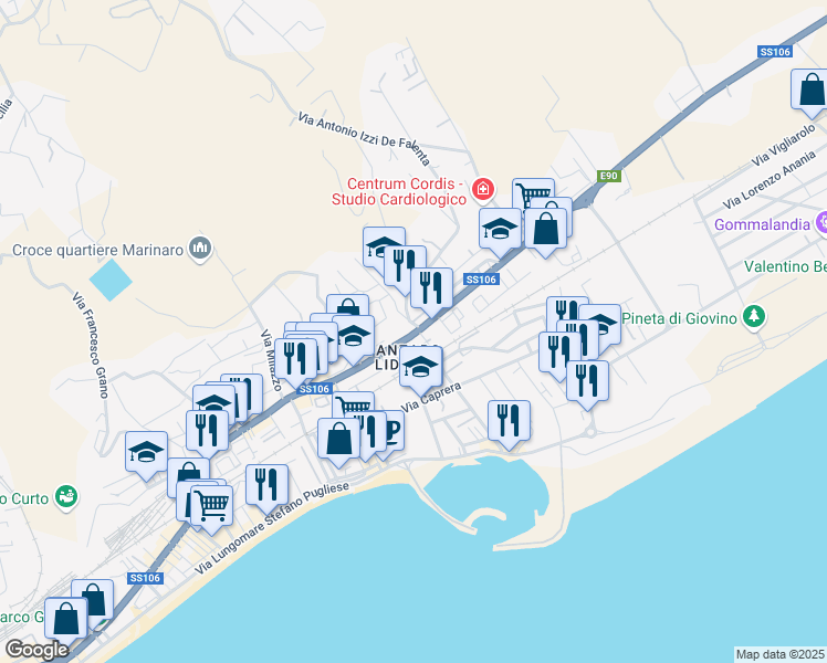 map of restaurants, bars, coffee shops, grocery stores, and more near 145 Viale Crotone in Catanzaro