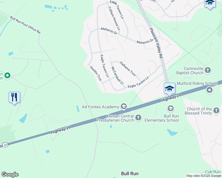 map of restaurants, bars, coffee shops, grocery stores, and more near 15435 Eagle Tavern Lane in Centreville