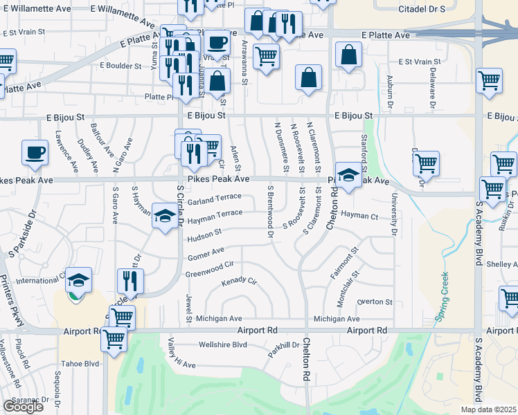 map of restaurants, bars, coffee shops, grocery stores, and more near 14 South Brentwood Drive in Colorado Springs