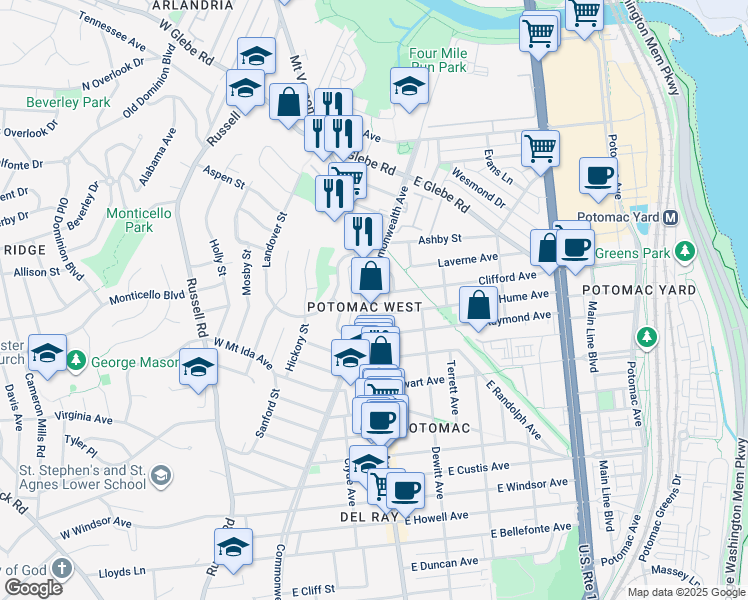 map of restaurants, bars, coffee shops, grocery stores, and more near 5 Clifford Avenue in Alexandria