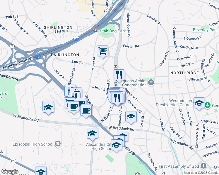 map of restaurants, bars, coffee shops, grocery stores, and more near 3477 South Stafford Street in Arlington