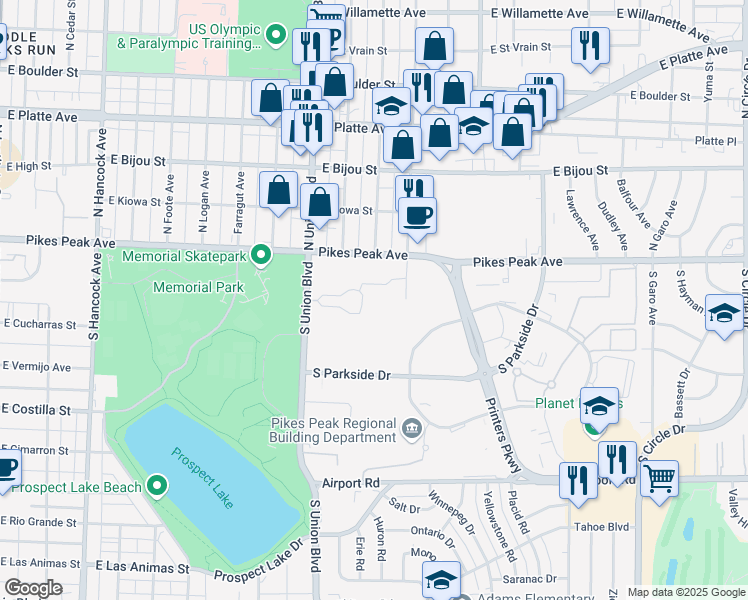 map of restaurants, bars, coffee shops, grocery stores, and more near 101 South Union Boulevard in Colorado Springs