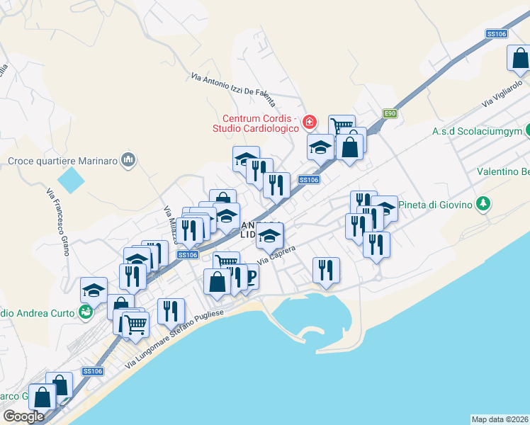 map of restaurants, bars, coffee shops, grocery stores, and more near 145 Viale Crotone in Catanzaro