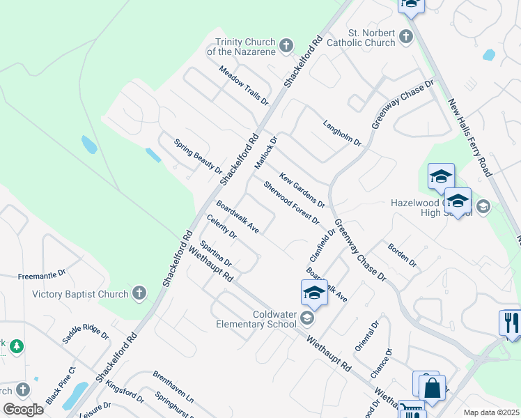 map of restaurants, bars, coffee shops, grocery stores, and more near 1638 Ventnor Place in Florissant