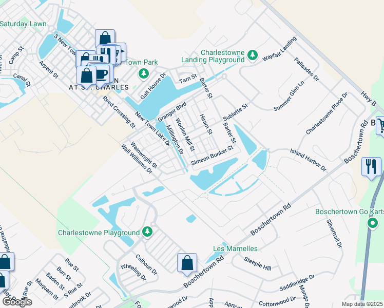 map of restaurants, bars, coffee shops, grocery stores, and more near 3413 Woolen Mill Street in Saint Charles