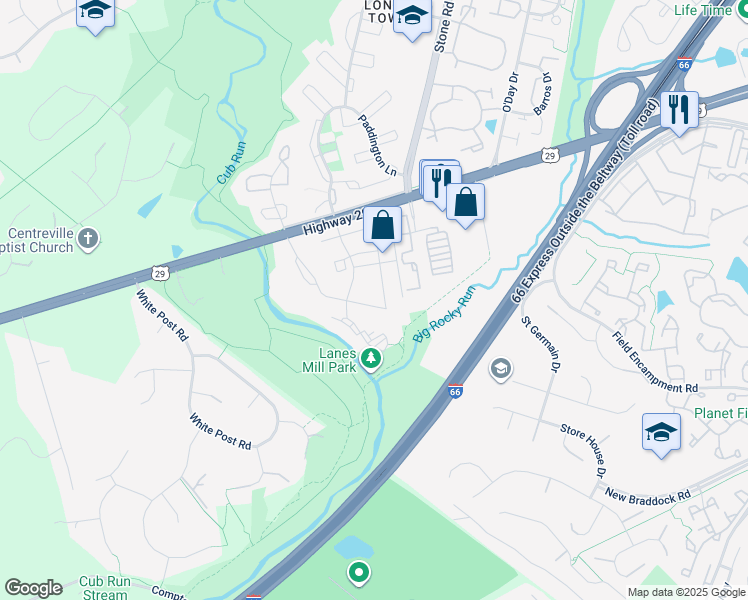 map of restaurants, bars, coffee shops, grocery stores, and more near 14800 Rydell Road in Centreville