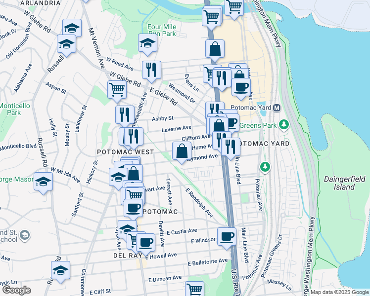 map of restaurants, bars, coffee shops, grocery stores, and more near 320 Hume Avenue in Alexandria