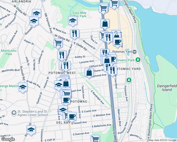 map of restaurants, bars, coffee shops, grocery stores, and more near 314 Hume Avenue in Alexandria