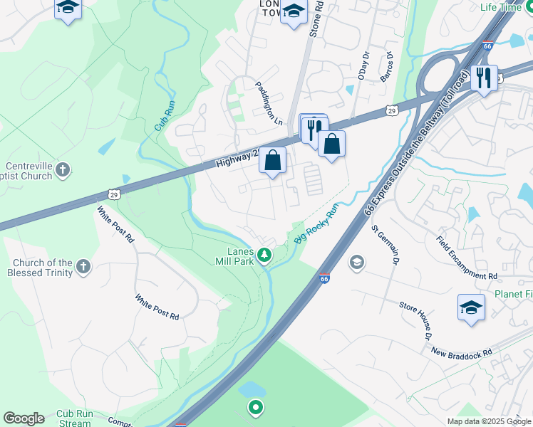 map of restaurants, bars, coffee shops, grocery stores, and more near 14800 Rydell Road in Centreville