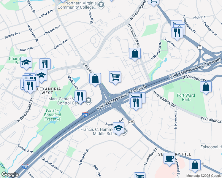 map of restaurants, bars, coffee shops, grocery stores, and more near 4901 Seminary Road in Alexandria
