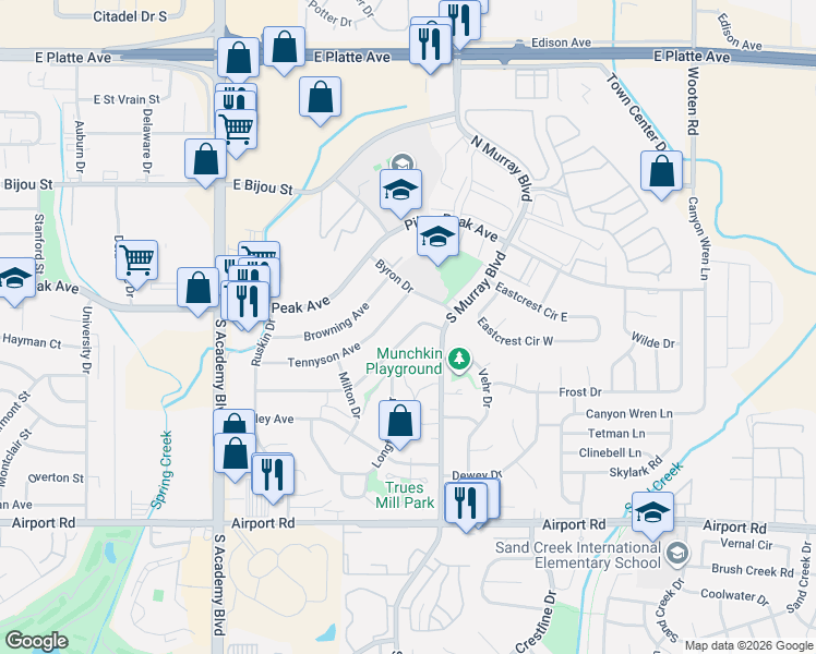 map of restaurants, bars, coffee shops, grocery stores, and more near 208 Byron Drive in Colorado Springs