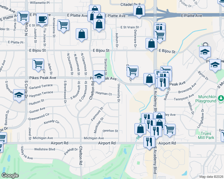 map of restaurants, bars, coffee shops, grocery stores, and more near 3647 East Pikes Peak Avenue in Colorado Springs