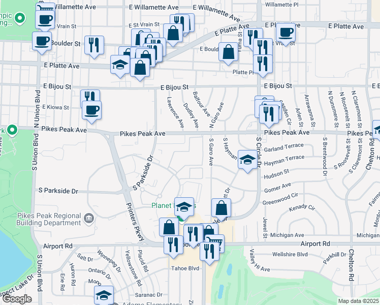 map of restaurants, bars, coffee shops, grocery stores, and more near 2589 East Pikes Peak Avenue in Colorado Springs
