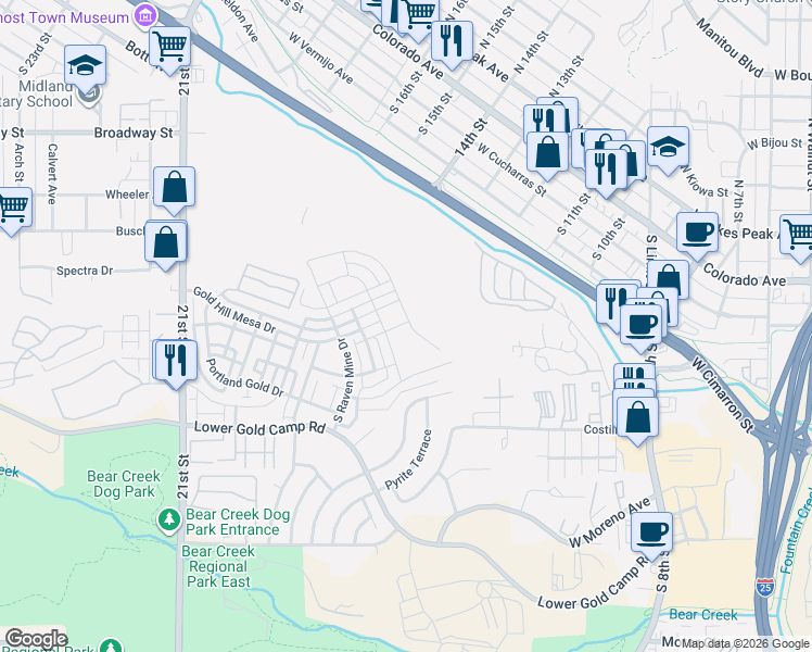 map of restaurants, bars, coffee shops, grocery stores, and more near 61 North Olympian Drive in Colorado Springs