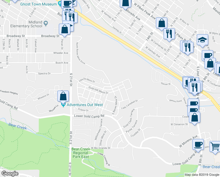 map of restaurants, bars, coffee shops, grocery stores, and more near 1336 Solitaire Street in Colorado Springs