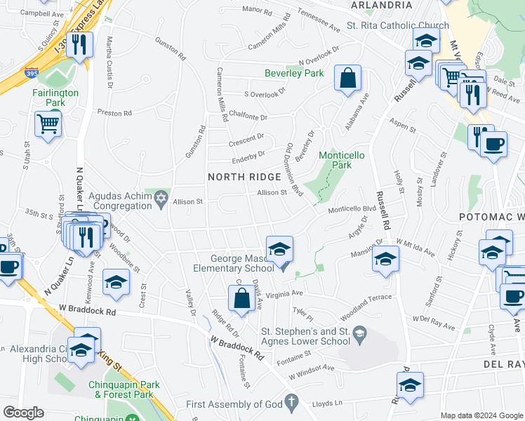 map of restaurants, bars, coffee shops, grocery stores, and more near 2906 Pierpont Street in Alexandria