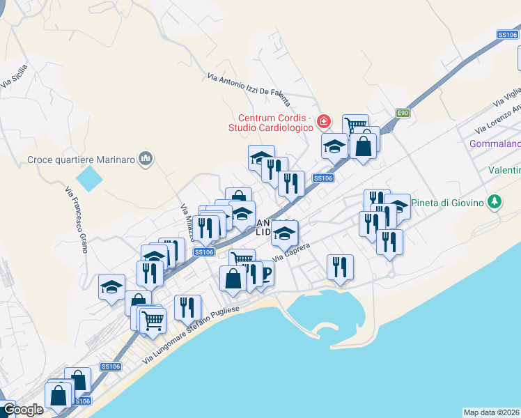 map of restaurants, bars, coffee shops, grocery stores, and more near 145 Viale Crotone in Catanzaro