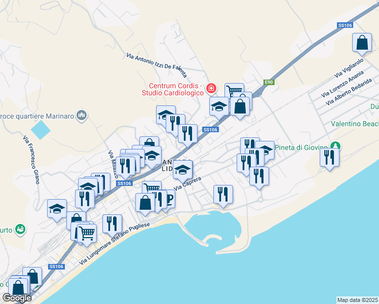 map of restaurants, bars, coffee shops, grocery stores, and more near 155 Viale Crotone in Catanzaro