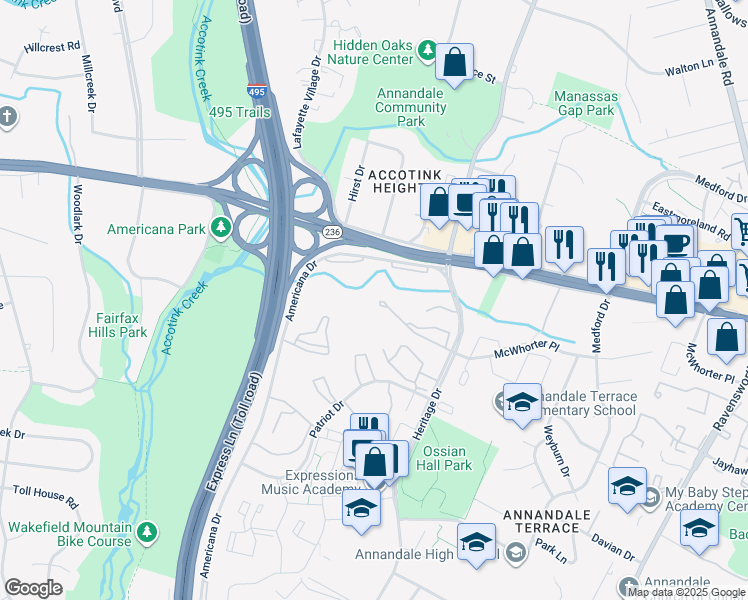map of restaurants, bars, coffee shops, grocery stores, and more near 7764 Donnybrook Court in Annandale