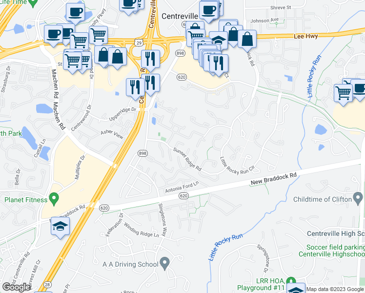 map of restaurants, bars, coffee shops, grocery stores, and more near 6037 Sunset Ridge Court in Centreville
