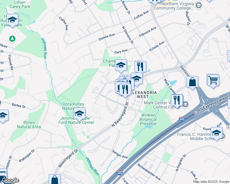 map of restaurants, bars, coffee shops, grocery stores, and more near 5789 Winston Court in Alexandria