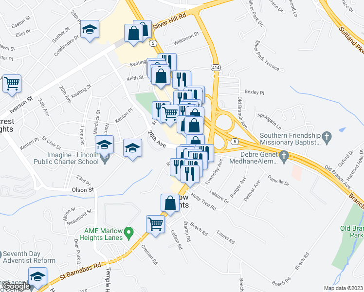 map of restaurants, bars, coffee shops, grocery stores, and more near 4213 28th Avenue in Marlow Heights