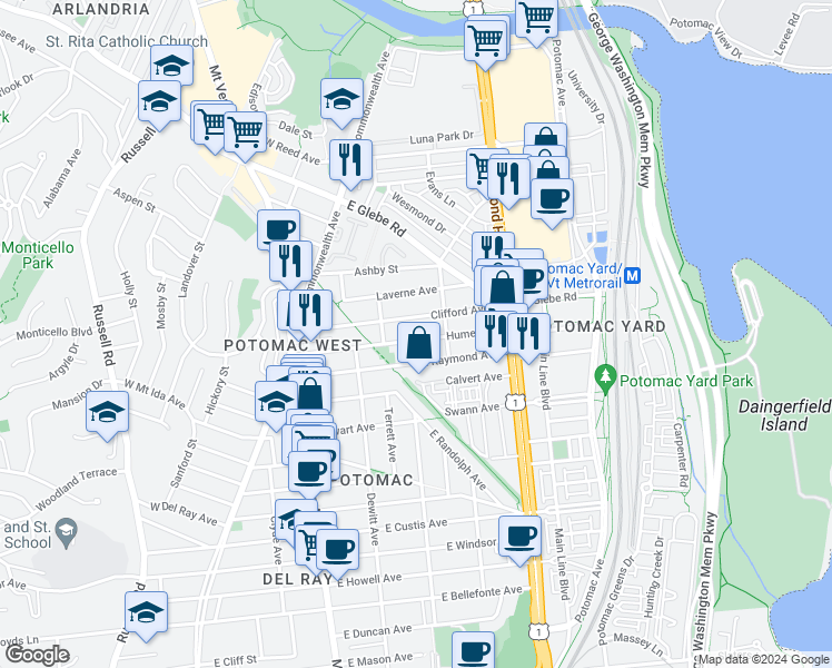 map of restaurants, bars, coffee shops, grocery stores, and more near 314 Hume Avenue in Alexandria