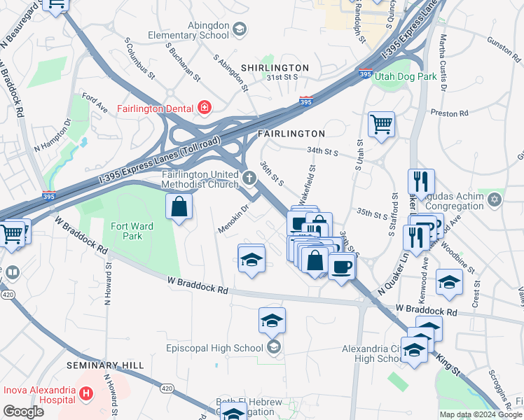 map of restaurants, bars, coffee shops, grocery stores, and more near 3846 King Street in Alexandria