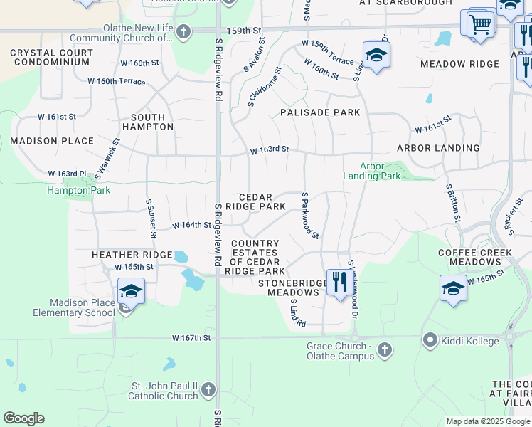 map of restaurants, bars, coffee shops, grocery stores, and more near 18087 West 163rd Terrace in Olathe