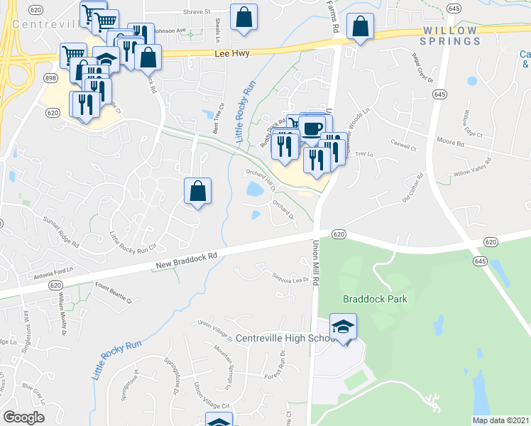 map of restaurants, bars, coffee shops, grocery stores, and more near 13687 Orchard Drive in Clifton
