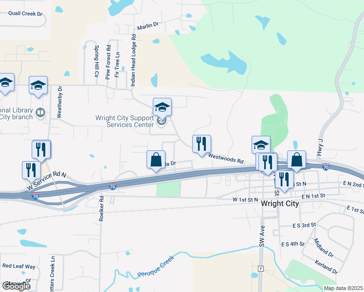 map of restaurants, bars, coffee shops, grocery stores, and more near 226 Westwoods Road in Wright City
