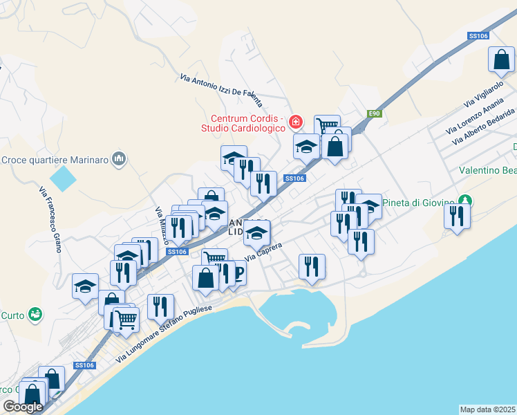 map of restaurants, bars, coffee shops, grocery stores, and more near 155 Viale Crotone in Catanzaro