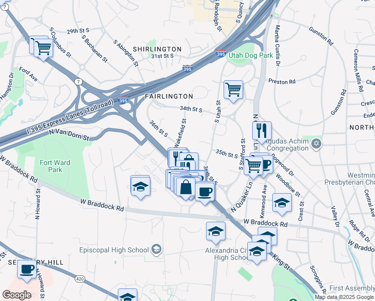 map of restaurants, bars, coffee shops, grocery stores, and more near 4501 36th Street South in Arlington