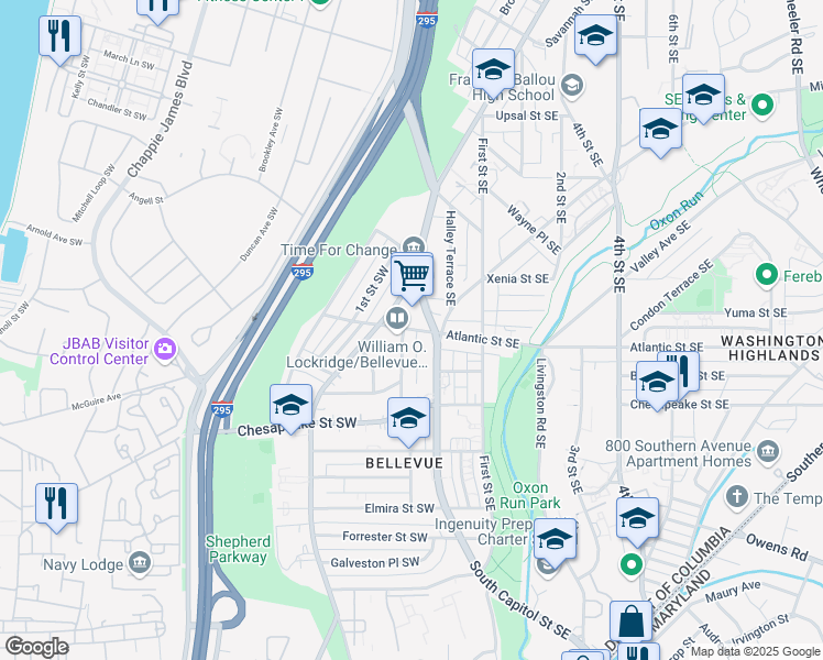 map of restaurants, bars, coffee shops, grocery stores, and more near 4 Atlantic Street Southwest in Washington