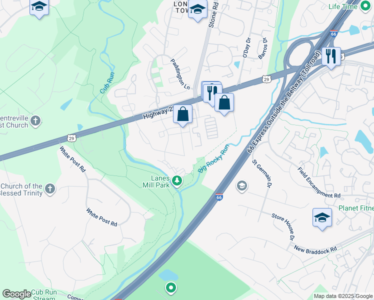 map of restaurants, bars, coffee shops, grocery stores, and more near 6479 McCoy Road in Centreville