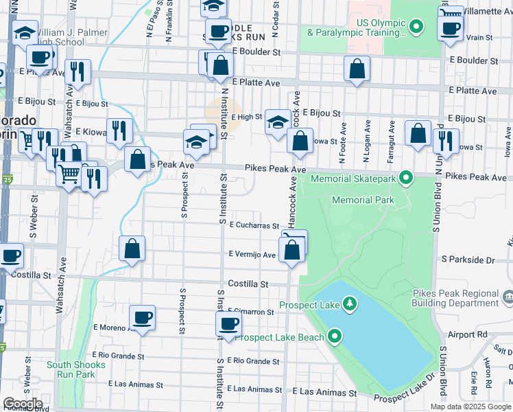 map of restaurants, bars, coffee shops, grocery stores, and more near 907 East Colorado Avenue in Colorado Springs