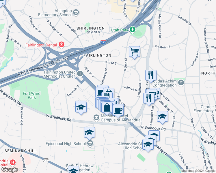 map of restaurants, bars, coffee shops, grocery stores, and more near 4501 36th Street South in Arlington