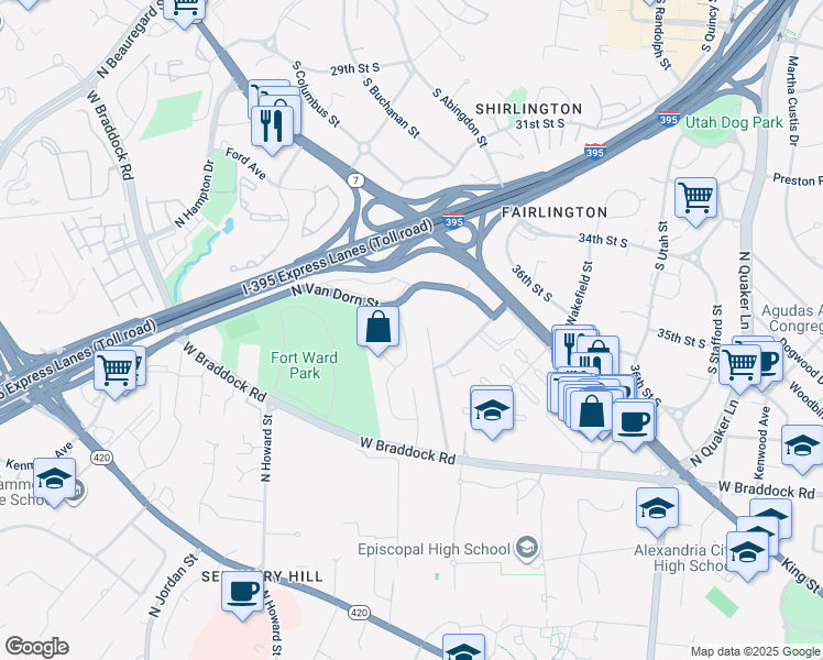 map of restaurants, bars, coffee shops, grocery stores, and more near 4029 Ellicott Street in Alexandria