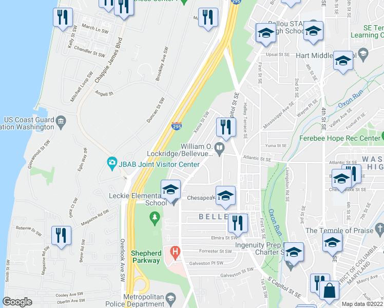 map of restaurants, bars, coffee shops, grocery stores, and more near 4009 1st Street Southwest in Washington