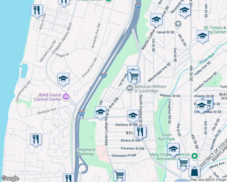 map of restaurants, bars, coffee shops, grocery stores, and more near 4009 1st Street Southwest in Washington